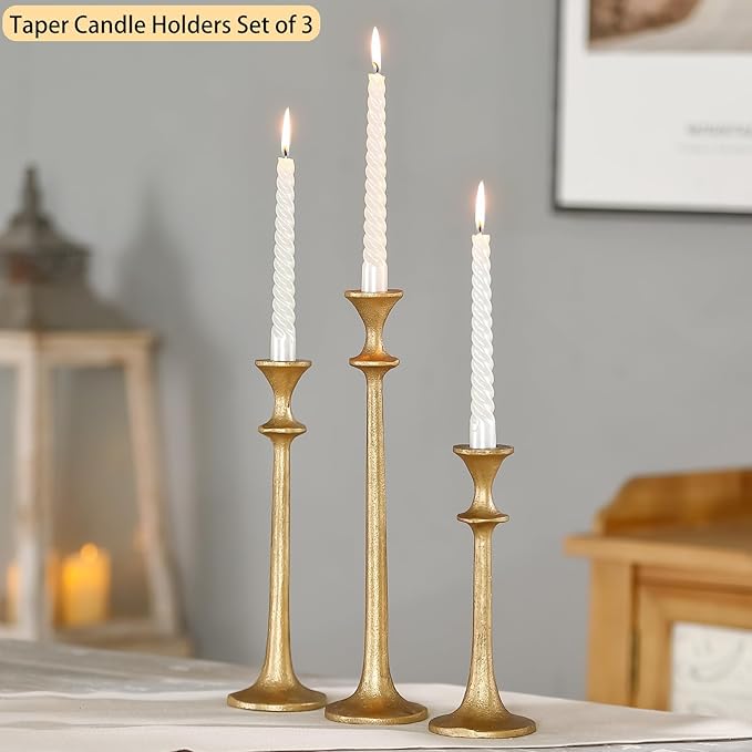 Gold Taper Candle Holders Set of 3, Heavy Candlestick Holders Decorative Candle Stand for Table Centerpiece, Cast Iron Candle Stick Holder Decor