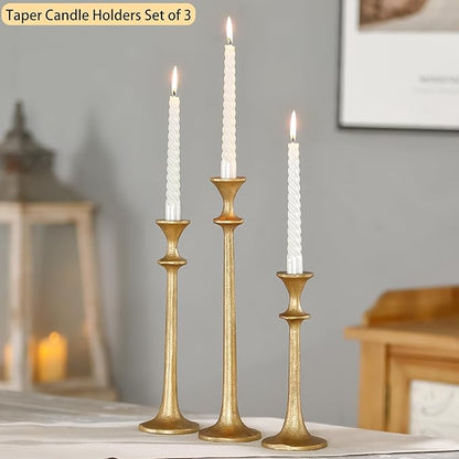 Gold Taper Candle Holders Set of 3, Heavy Candlestick Holders Decorative Candle Stand for Table Centerpiece, Cast Iron Candle Stick Holder Decor