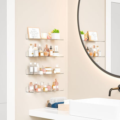 Yieach 2 Pack 15" Acrylic Shelves for Wall,Bathroom,Bedroom - with Adhesive - No Drilling Clear Floating Shelves for Funko Pop,Lego,Action Figures,Nail Polish,Perfume Shelf and Wall Storage & Display