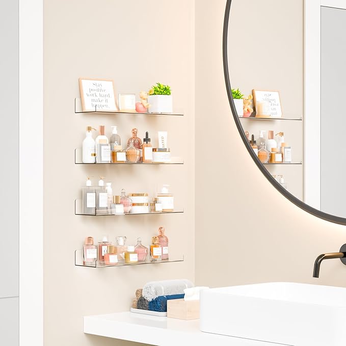 Yieach 8 Pack 15" Acrylic Shelves for Wall,Bathroom,Bedroom - with Adhesive - No Drilling Clear Floating Shelves for Funko Pop,Lego,Action Figures,Nail Polish,Perfume Shelf and Wall Storage & Display