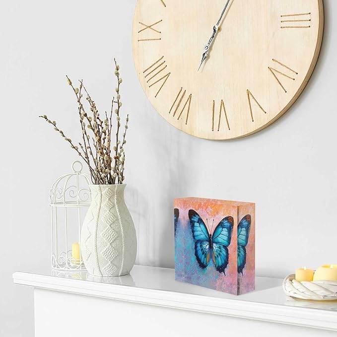 NOHSHE Acrylic Desk Decor - Oil Painting of Blue Butterfly - 4x4 Tabletop Wall Sign - Appreciation & Housewarming Presents for Coworkers & Friends