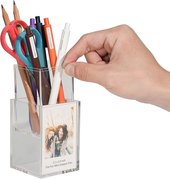GOLDBARLEY Instax Mini 2x3 Polaroid Photo Acrylic Frame,Small Picture Mini Cute Display Holder for Fujifilm Instax Mini 3-inch Photos Display, Clear Acrylic Photo Pen Holder,Office Desk Organizer