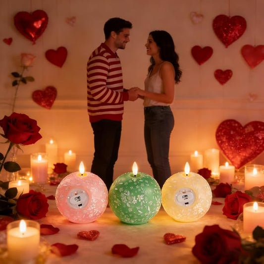 Flameless Spring Carved Spheres, Flameless LED Candles with Remote Control & 6-Hour Timer, Carved Sphere Design for Romantic Ambiance, Cozier Glow Candles for Valentine's Day, Wedding