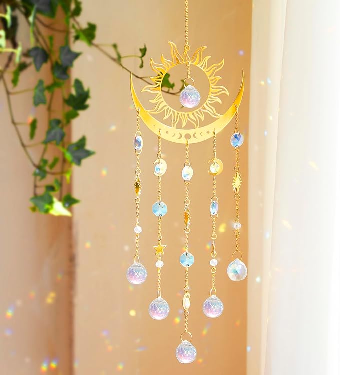 Artilady Sun and Moon Suncatcher - Large Crystal Wind Chimes for Outside Stained Glass Window Hanging Prisms Garden Backyard Ceiling Room Decor Christmas Housewarming Birthday Gift for Girls