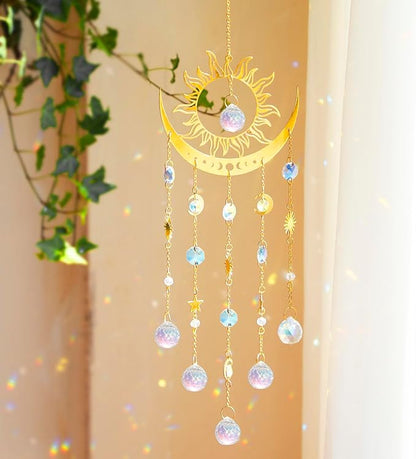Artilady Sun and Moon Suncatcher - Large Crystal Wind Chimes for Outside Stained Glass Window Hanging Prisms Garden Backyard Ceiling Room Decor Christmas Housewarming Birthday Gift for Girls