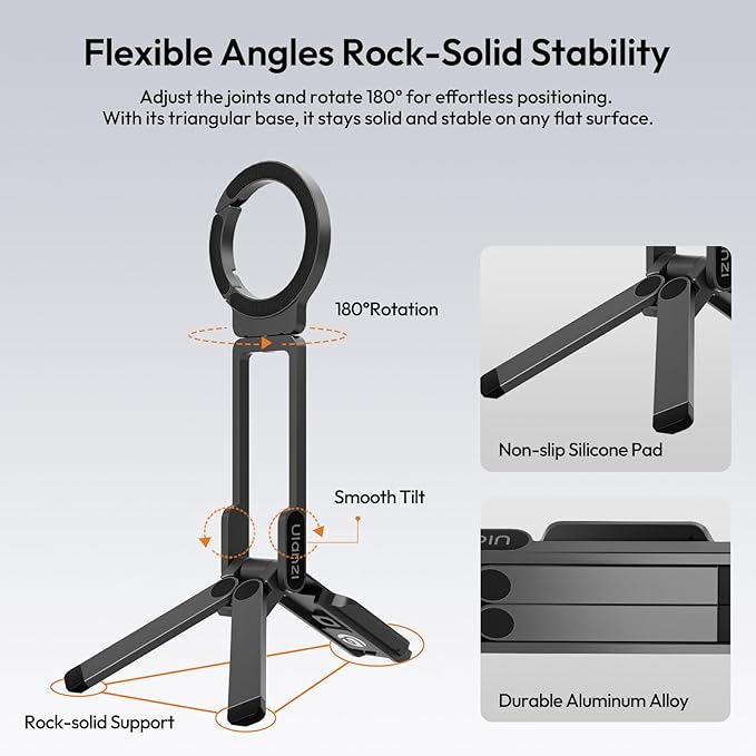 ULANZI Magnetic Phone Tripod for iPhone, MA38 Portable Phone Holder Mini Tripod for Magsafe with Double-Sided 1/4'' Screw Arca Uka Port Foldable Hook for iPhone 17/16/15/14/13/12, Travel Vlog Black