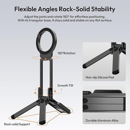 ULANZI Magnetic Phone Tripod for iPhone, MA38 Portable Phone Holder Mini Tripod for Magsafe with Double-Sided 1/4'' Screw Arca Uka Port Foldable Hook for iPhone 17/16/15/14/13/12, Travel Vlog Black