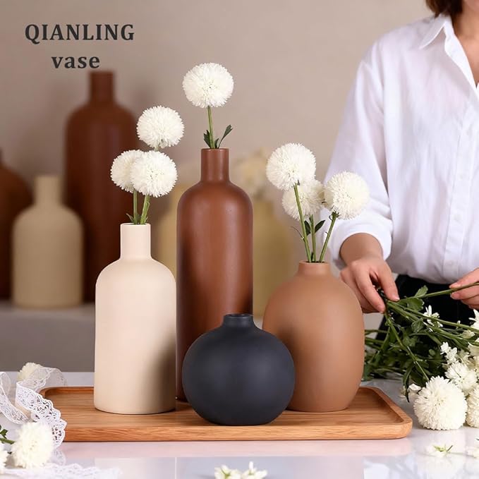 Ceramic Vase Set of 4, Modern Vases Home Decor, Neutral Decorative Vase for Bouquet Pampas Grass Dried Fresh Flowers, Small Vase for Living Room, Kitchen, Bedroom, Bathroom, Entryway Mantel, Decor