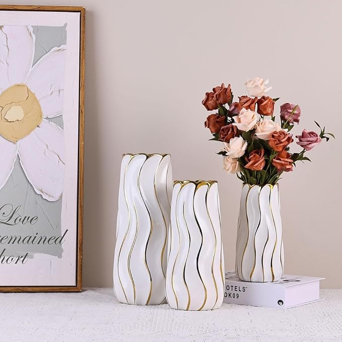 11.5" White Ceramic Vase - Minimalist White and Gold Flower Vase, Large Pampas Grass Vase, Boho Decorative Centerpiece Vase for Home Decor, Table, Shelf, Mantel, and Entryway