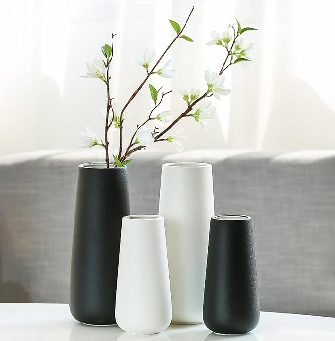 8 Inch Tall Matt Black Ceramic Vase for Flowers & Pampas Grass, Small Classic Rustic Style Decorative Vases for Home Decor Table Centerpieces