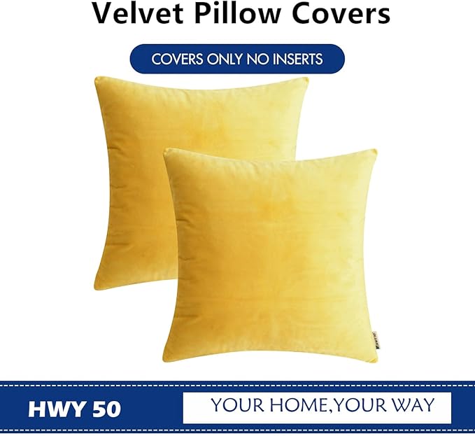 HWY 50 Yellow Velvet Throw Pillow Covers 20x20 Inch, Pack of 2 Soft Cozy Solid Decorative Luxury Cushion Cases for Couch Sofa Bed Living Room Bedroom