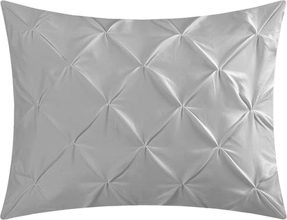 EVOLIVE 4pc Set Pinch Pleat/Kiss Pleat, Pintuck Down Alternative Comforter Set with Pompom (King, Silver Grey)