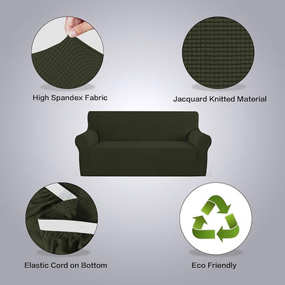 H.VERSAILTEX Stretch Sofa Covers for 3 Cushion Couch Covers Sofa Slipcovers for Living Room Feature Thick Checked Jacquard Fabric with Elastic Bottom(X-Large Sofa 101"-110" Wide, Olive)