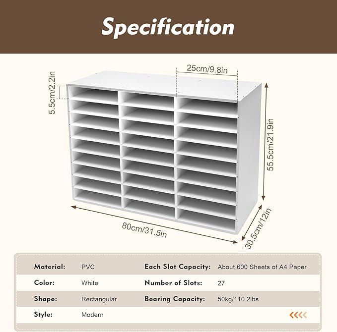 Literature Organizer with 27 Compartments | Adjustable Desktop File Sorter Mail Center for Home, Office & Classroom | PVC Paper Storage Cabinet with Shelves, White
