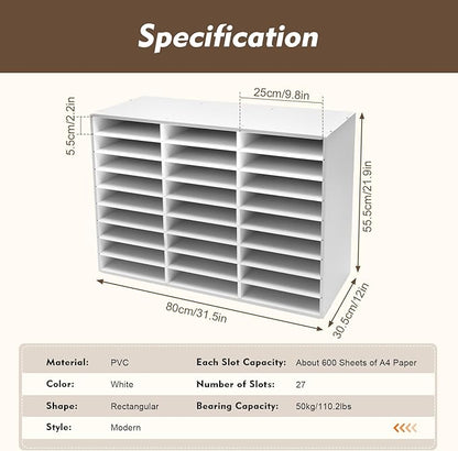 Literature Organizer with 27 Compartments | Adjustable Desktop File Sorter Mail Center for Home, Office & Classroom | PVC Paper Storage Cabinet with Shelves, White