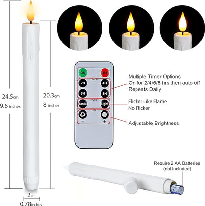 Homemory 12 Pcs Plastic Flameless Taper Candles with Remote Timer Dimmer, White Taper Candles Battery Operated with Flickering Flame Light Lifelike Led Candlesticks for Indoor Decoration 9.6 Inches