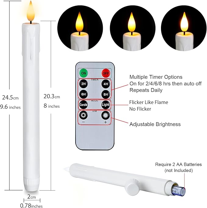 Homemory 3 Pcs Flameless Taper Candles with Remote Timer Dimmer, 9.6" White Flickering Candlesticks Battery Operated, Realistic Plastic LED Candles for Fireplace Wedding Seasonal Indoor Decorations