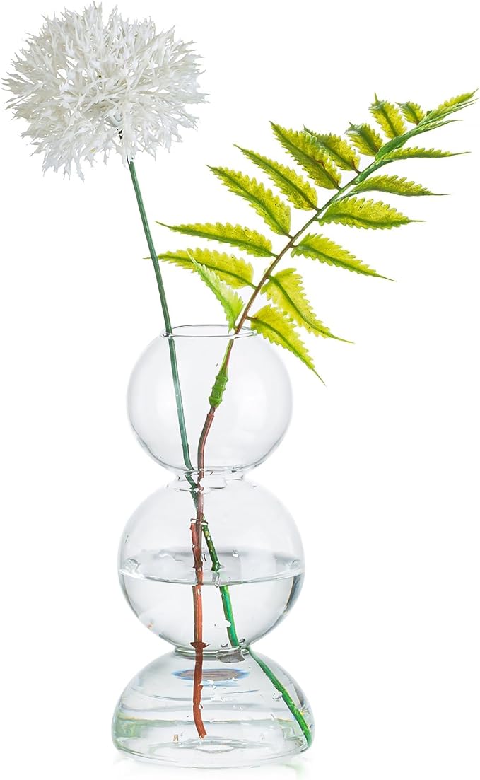 Glasseam Unique Small Flower Vase, Cute Blown Glass Vases for Flowers, Modern Ball Bubble Clear Bud Vases - Decorative Round Single Flower Vase for Home Decor