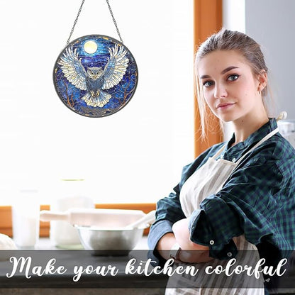 Owl Suncatcher - Moonlit Stained Glass Window Hanging Decor for Nature Lovers, Whimsical Night Bird Gift for Owl Enthusiasts,Sun Catchers Indoor Window, Outdoor Celestial Home Decoration (7.87 Inch)