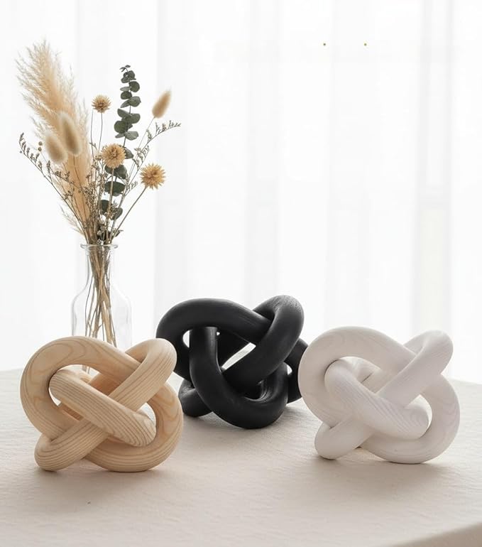 Wood Knot Chain Link Decor, 3 Link Boho Wooden Hand Carved Decorative, Handcrafted for for Coffee Table Entryway Modern Farmhouse Shelf Decoration (Black)