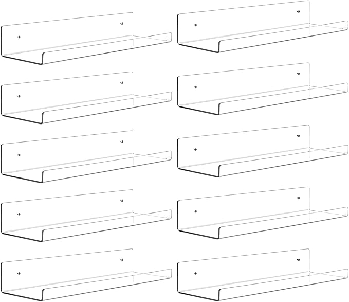 Dezzer 10 Pack Acrylic Shelves for Wall, 15" Clear Acrylic Floating Shelves for Bathroom Bedroom, Invisible Bookshelf Wall Ledge Storage Shelf Books Perfume Toys Action Figure Display Shelves