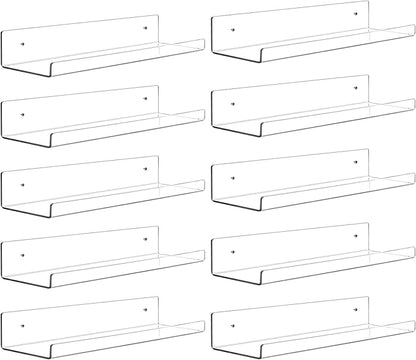 Dezzer 10 Pack Acrylic Shelves for Wall, 15" Clear Acrylic Floating Shelves for Bathroom Bedroom, Invisible Bookshelf Wall Ledge Storage Shelf Books Perfume Toys Action Figure Display Shelves