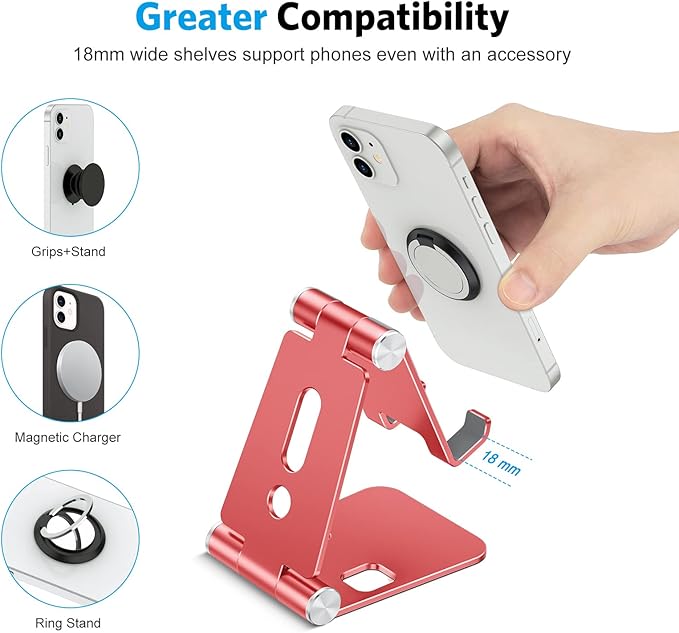 OMOTON Foldable Cell Phone Stand, C4 Portable Aluminum Phone Holder, Adjustable Phone Dock Cradle Compatible with iPhone 17/16/15 Pro Max Air, Samsung Galaxy, Small Tablets and Other Phones, Red