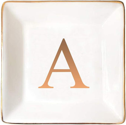 ANOTION Jewelry Tray Ring Dish with Ini-tial Gift- Personalized Trinket Dish and Jewelry Dish with Gold Initials Key Bowl Ceramic Holder, Unique Wedding or Engagement Present