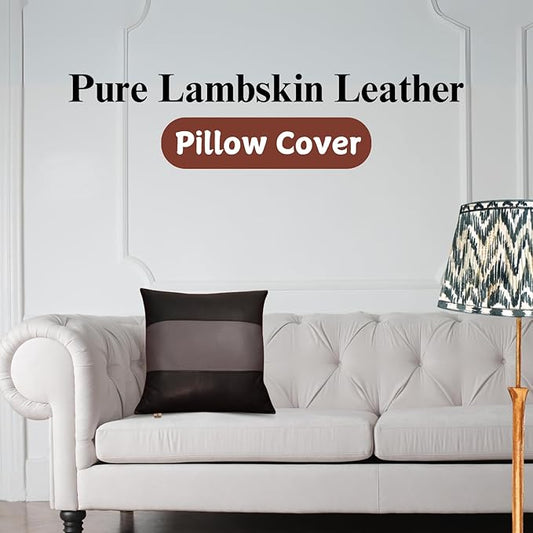 Lambskin Leather Pillow Cover - Sofa Cushion Case - Decorative Throw Covers for Living Room & Bedroom, 20x20 Inches - Black and Grey Plain Pack of 2