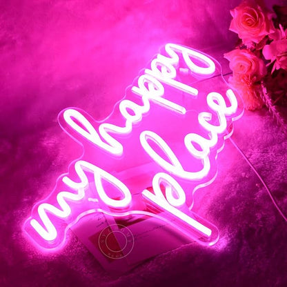 SYLHOME Pink My Happy Place LED Neon Light Sign USB Girls Babys Bedroom Living Room Kitchen Wall Decor Sign Wedding Birthday Party Sign Christmas Gifts 15.8" X 11.2" 5V Teens