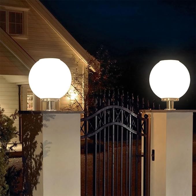 Solar Post Cap Lights, 15.7" Outdoor Fence Pedestal Globe Post Lamp Stainless Steel IP65 Waterproof External Column Lights, Vintage LED dimmable Pillar Lights for Farmhouse Lawn Road Driveway