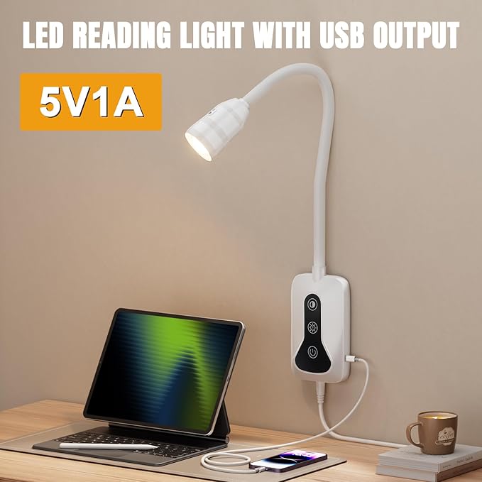 1 Pack Wall Mounted Headboard Reading Light, LED Dimmable Touch Control, Adjustable Neck, Ideal for Bedside, Office, or Reading（White）