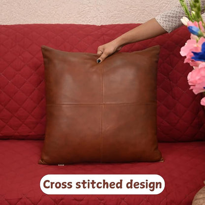 Lambskin Leather Pillow Cover - Sofa Cushion Case - Decorative Throw Covers for Living Room & Bedroom, 14x14 Inches - Mango Tan Antique Pack of 2