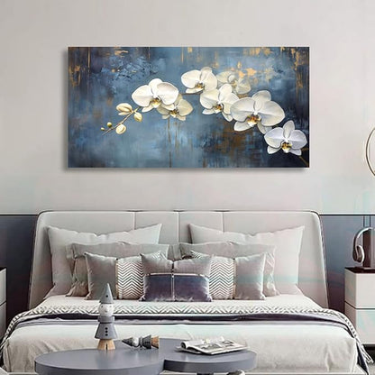 Abstract White Butterfly Orchid Canvas Wall Art for Living room Office Bedroom Flowers Wall Art Print Oil Paintings Modern Blue Gold Rain Mist Pictures Wall Decor Artwork Ready to Hang - 70in * 35inch