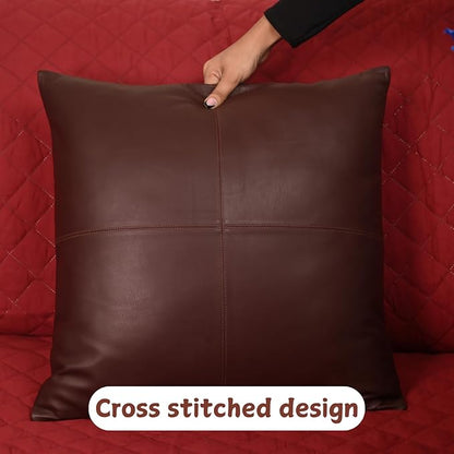 Lambskin Leather Pillow Cover - Sofa Cushion Case - Decorative Throw Covers for Living Room & Bedroom, 16x16 Inches - Dark Brown Plain Pack of 2