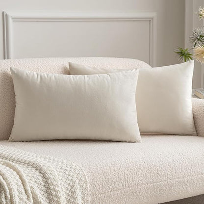 MIULEE Velvet Throw Pillow Covers 12x20 Inch, Pack of 2 - Cream White, Soft Solid Lumbar Decorative Pillow Covers Modern Luxury Home Decor for Spring Couch Sofa Bedroom Livingroom