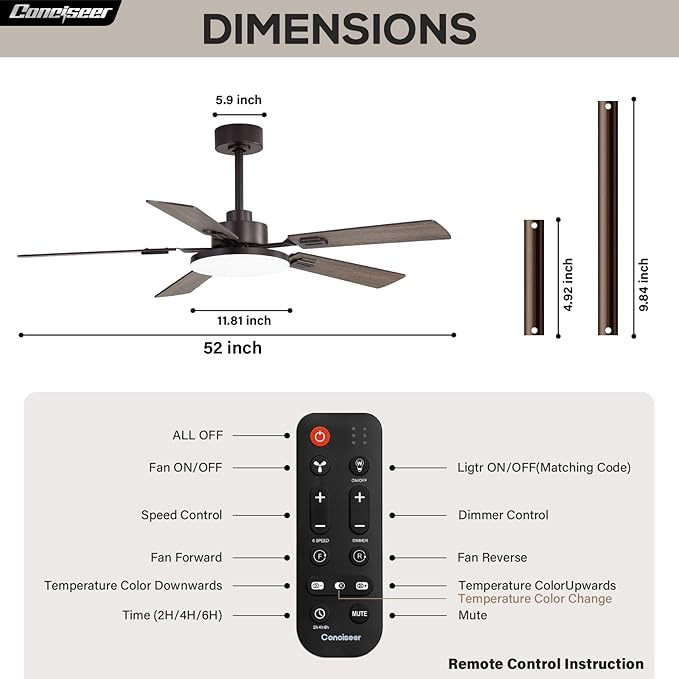 52 Inch Ceiling Fans with Lights and Remote for Bedroom Living Room Kitchen Office, Indoor/Outdoor Use, 5CCT Dimmable, 5 Blades 6 Speed Reversible Quiet DC Motor, Brown/Wood Grain