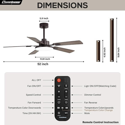 52 Inch Ceiling Fans with Lights and Remote for Bedroom Living Room Kitchen Office, Indoor/Outdoor Use, 5CCT Dimmable, 5 Blades 6 Speed Reversible Quiet DC Motor, Brown/Wood Grain