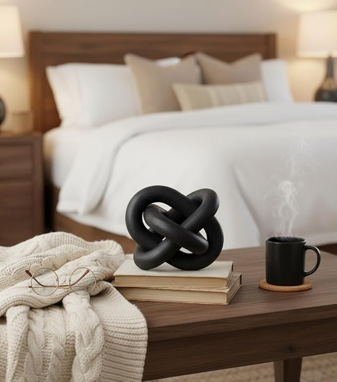 Wood Knot Chain Link Decor, 3 Link Boho Wooden Hand Carved Decorative, Handcrafted for for Coffee Table Entryway Modern Farmhouse Shelf Decoration (Black)