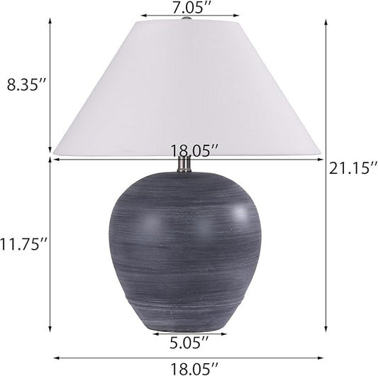 Pia Ricco 21'' Large Gray Base Ceramic Basin Table Lamp for Bedroom, Living Room, Dining Room, Office, White Shade,White Striped Black Base