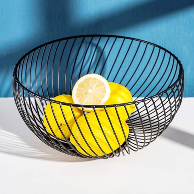Fruit Basket for Kitchen - Wire Fruit Basket Holder for Lemon, Potato, Onion - Black Countertop Fruit Bowl - 10.2 In (Round B)