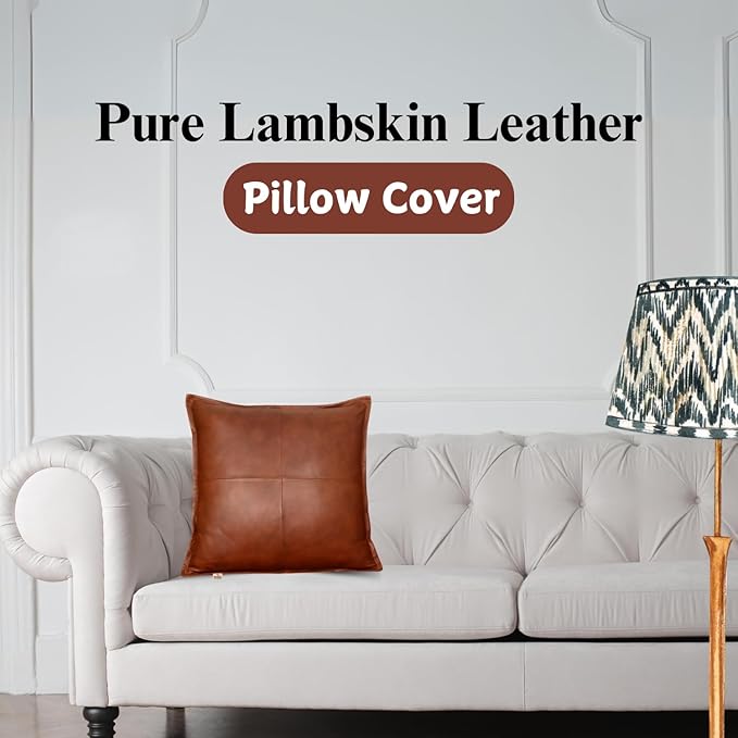Lambskin Leather Pillow Cover - Sofa Cushion Case - Decorative Throw Covers for Living Room & Bedroom, 16x16 Inches - Dark Tan Box Pack of 1