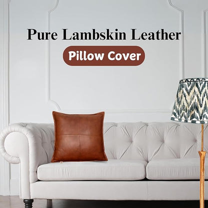 Lambskin Leather Pillow Cover - Sofa Cushion Case - Decorative Throw Covers for Living Room & Bedroom, 16x16 Inches - Dark Tan Box Pack of 1
