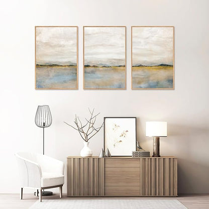 HLNIUC Large Abstract 3 Piece Wall Art 24x36, Neutral Distant Mountain Wall Decor, Watercolor Beige Dusty Nature Landscape Painting, Modern Pastel Scenery Art Prints for Living Room, Bedroom, Office