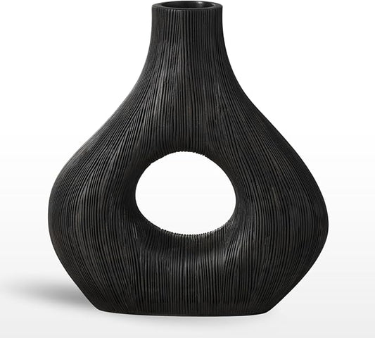 Torre & Tagus Black Donut Vase for Flowers - 9 Inch Tall Textured Vases for Centerpieces, Sculptures Home Decor & Abstract Sculptures Home Decor for Shelf Decor Aesthetic (Alma Black Flower Vase)