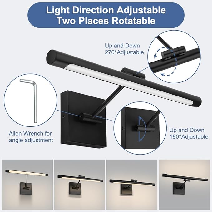 LED Picture Light for Paintings, Black Adjustable Art Light for Wall, 16.54inch 9W LED Wall Sconces Wall Light for Display Art Work, Dimmable Hardwired 3000K Warm White CRI90+