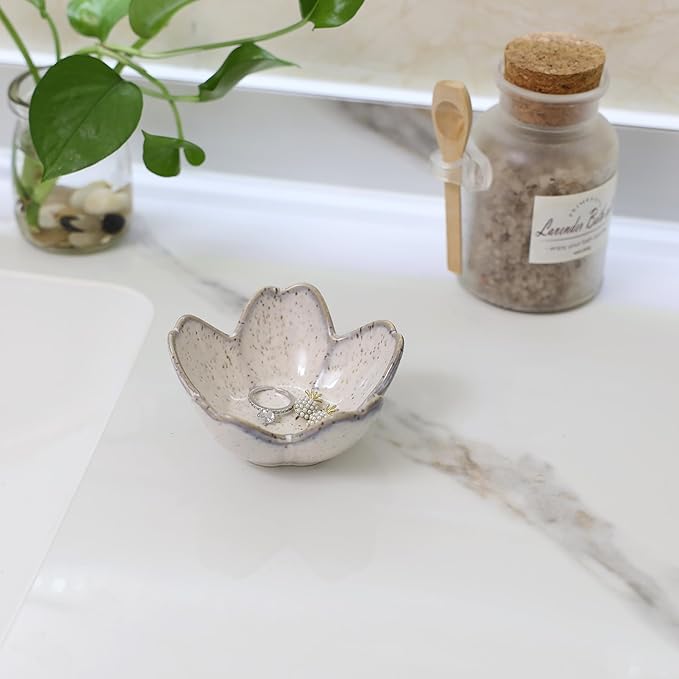 Flower Ring Dish Holder,Jewelry Dish Tray,Small Trinket Tray,Jewelry Plate Bowl,Key Bowl,Decorative Plate,Birtdhay Christmas Gifts for Women Friends,Ceramic Kiln effect Grey