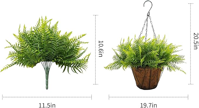 Hanging Planters with Plant Hangers for Indoor Outdoor Decor 2 Pack Artificial Green Fern 25CM Straight Coconut Fiber Hanging Baskets with Durable Iron