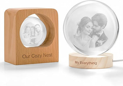 Custom 3D Crystal Photo Night Light Personalized Photo Crystal Ball Engraved Picture Lamp with Wood Base Memorial Gift for Pets Family Couple Birthday Valentine's Day (Style 3)