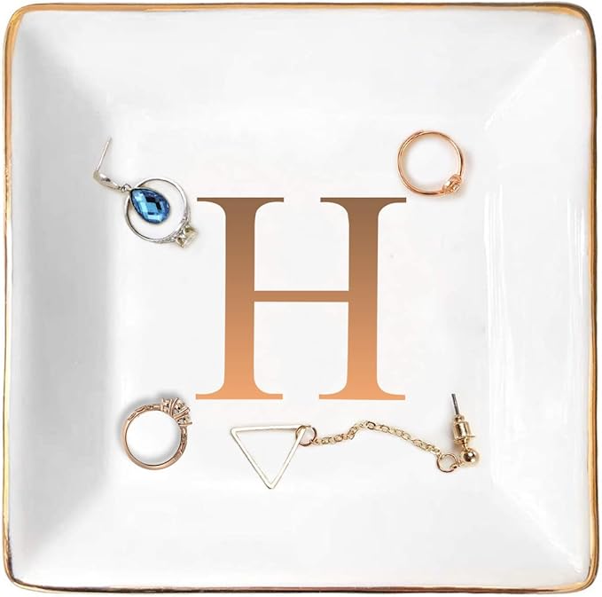 ANOTION Jewelry Tray Ring Dish with Ini-tial Gift- Personalized Trinket Dish and Jewelry Dish with Gold Initials Key Bowl Ceramic Holder, Unique Wedding or Engagement Present